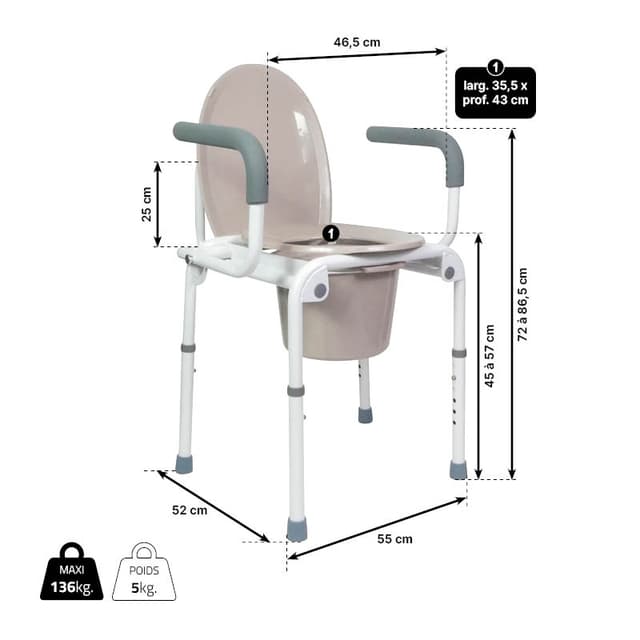 Cadre de toilettes rehausseur, cuvette basse + accoudoirs, vue 6